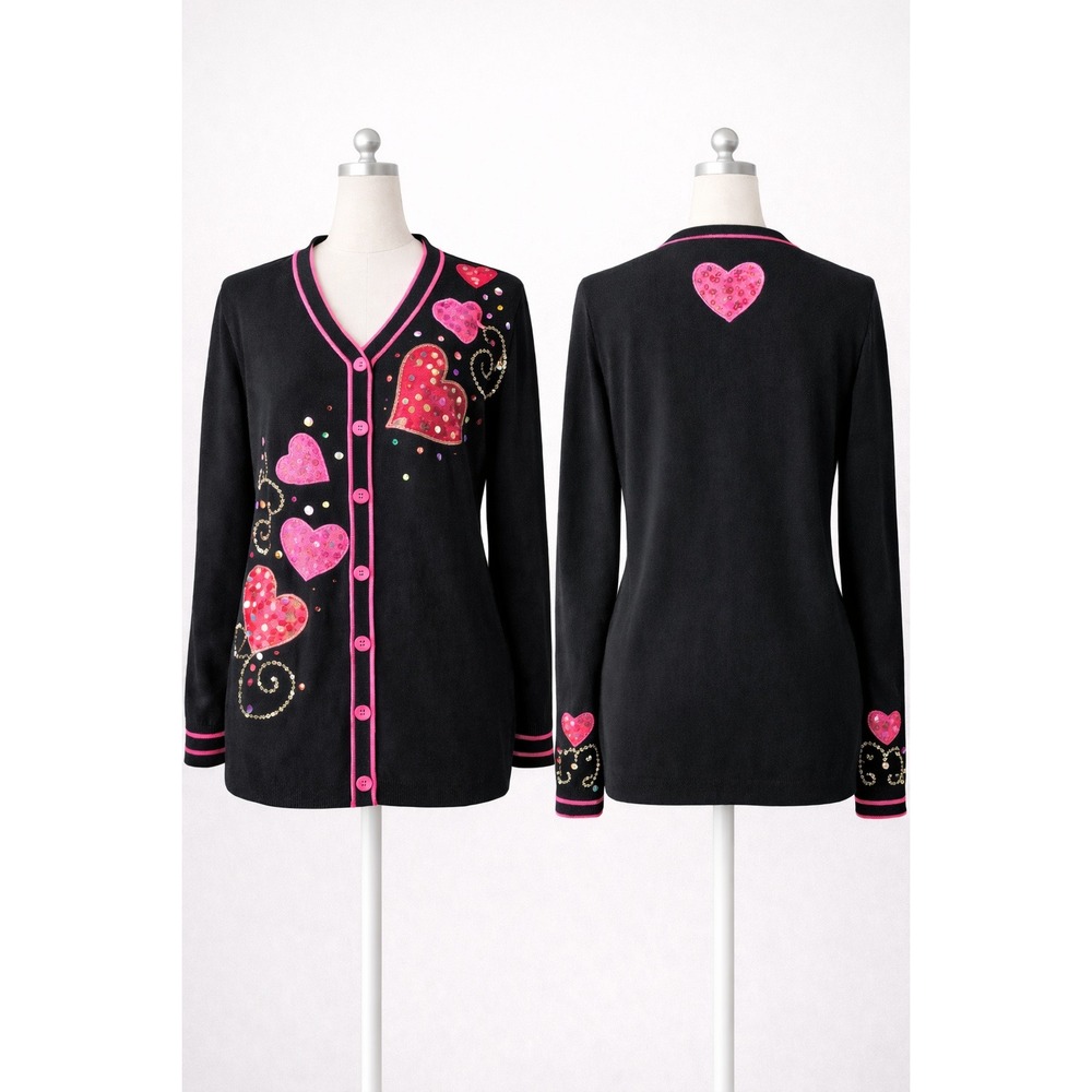 Bobbie Bell‎ 90s Heart Sequin Cardigan Kitschy Coquette Heart Button Sweater L